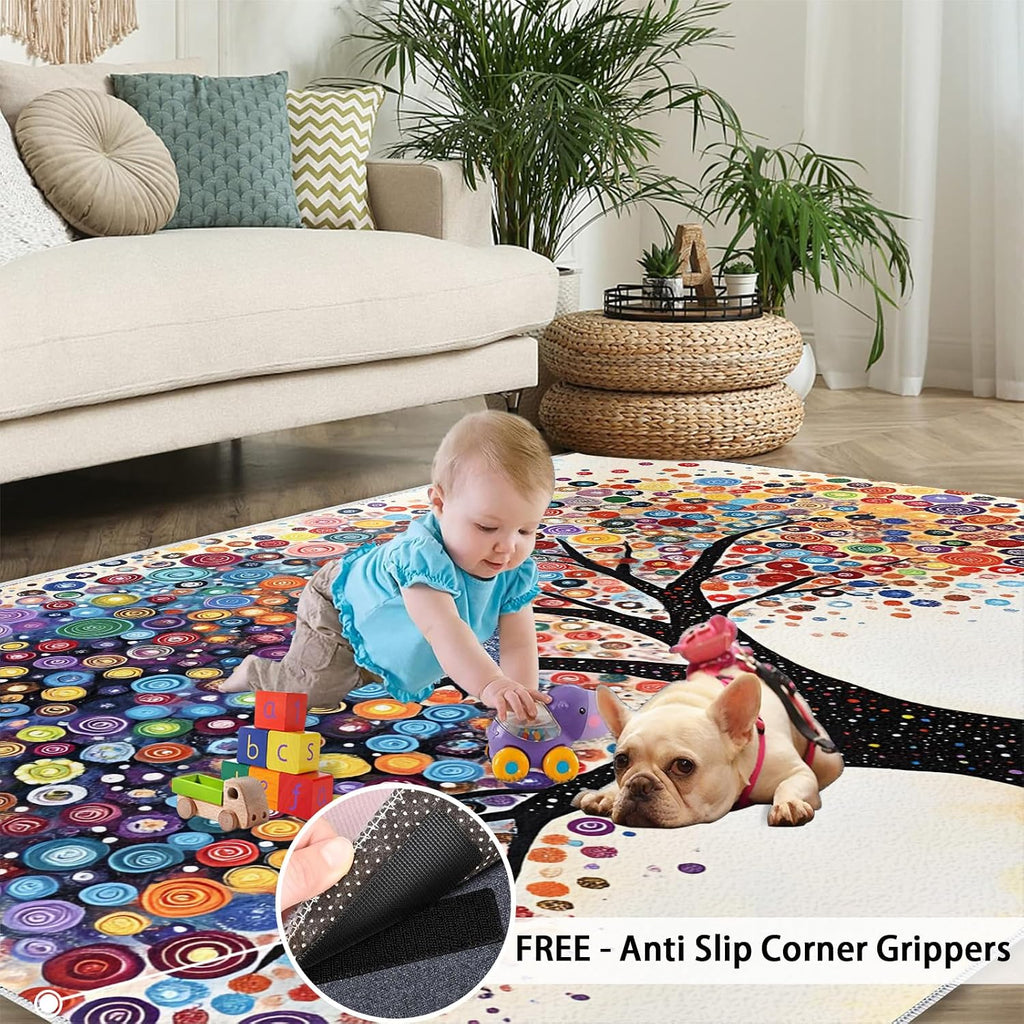 Colorful Dots Area Rug - Large Rug 6x8 - Tree of Life Rugs for Living Room - Soft & Non Slip & Washable Rugs for Bedroom, Art Abstract Carpets for Dining Room Lounge Girls Room