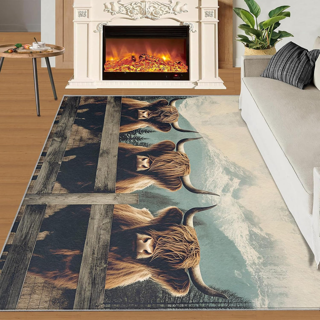 Highland Cattle Rug, Farmhouse Rugs for Bedroom 6x8 Rug, Cow Area Rug, Rugs for Living Room, Non Slip Washable Carpet for Kids Room Home Decor