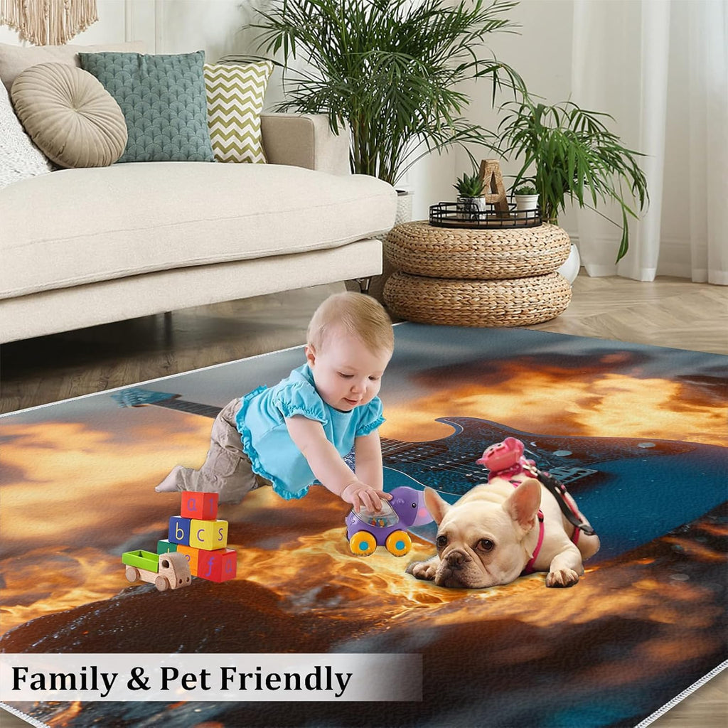 Guitar Rugs for Music Room - Boys Musical Rug, 6x8 Rug, Music Washable Rugs for Living Room Bedroom, Burning Area Rug, Rock and Roll Carpet - Home Decor, Electric Guitars Gifts for Men