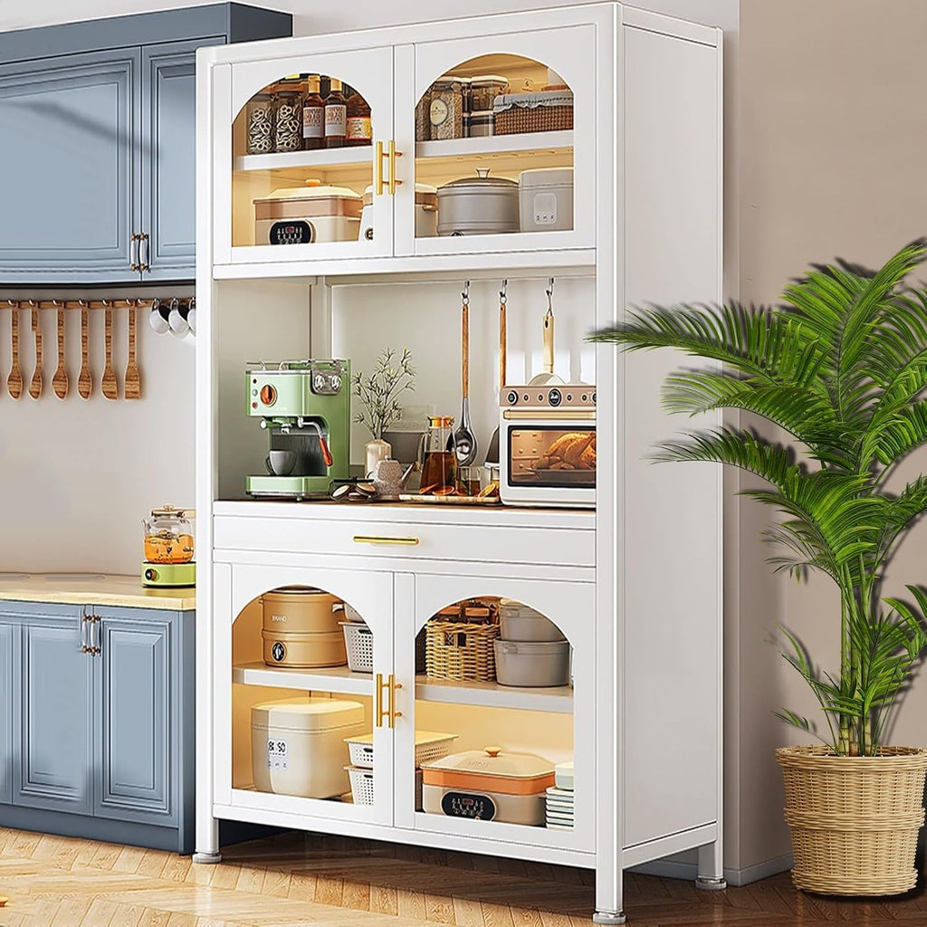 Kitchen Bakers Rack with Storage, Standing Kitchen Storage Rack with Drawer, Microwave Stand with 3 Hooks, Large Capacity(White,100cm)
