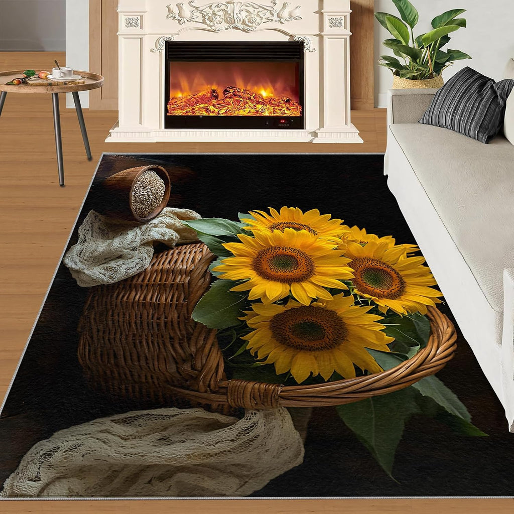 Sunflower Rug Large - 6x8 Rug, Farmhouse Washable Rugs for Living Room, Crops Carpet, Rustic Non-Slip Area Rugs for Bedroom, Floral Carpet, Sunflower Home Decor