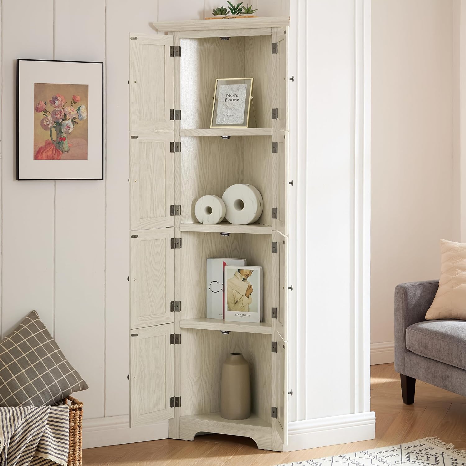 72' Sturdy Freestanding Storage Cabinet, Kitchen Storage Bakers Rack with Tiered Shelves, Utility Food Cupboard with Spacious Doors for Kitchen, Bathroom, Living Room, White