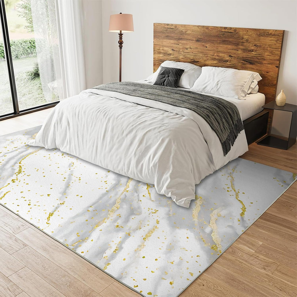 White Gray Marble Texture Area Rug, Light Luxury Gold Geometric Stripe Indoor Non-Slip Kids Rugs, Machine Washable Breathable Durable Carpet for Front Entrance Floor Decor,6 x 8ft