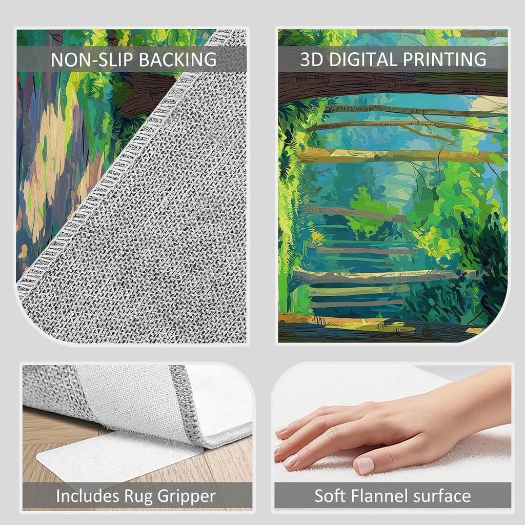 Cartoon Print Area Rug 5 x 7 ft for Living Room, Oil Painting Forest Green Trees Soft Washable Carpet for Bedroom Non-Slip Rug - Stain Resistant Carpets for Kids Playroom Classroom Dining Room