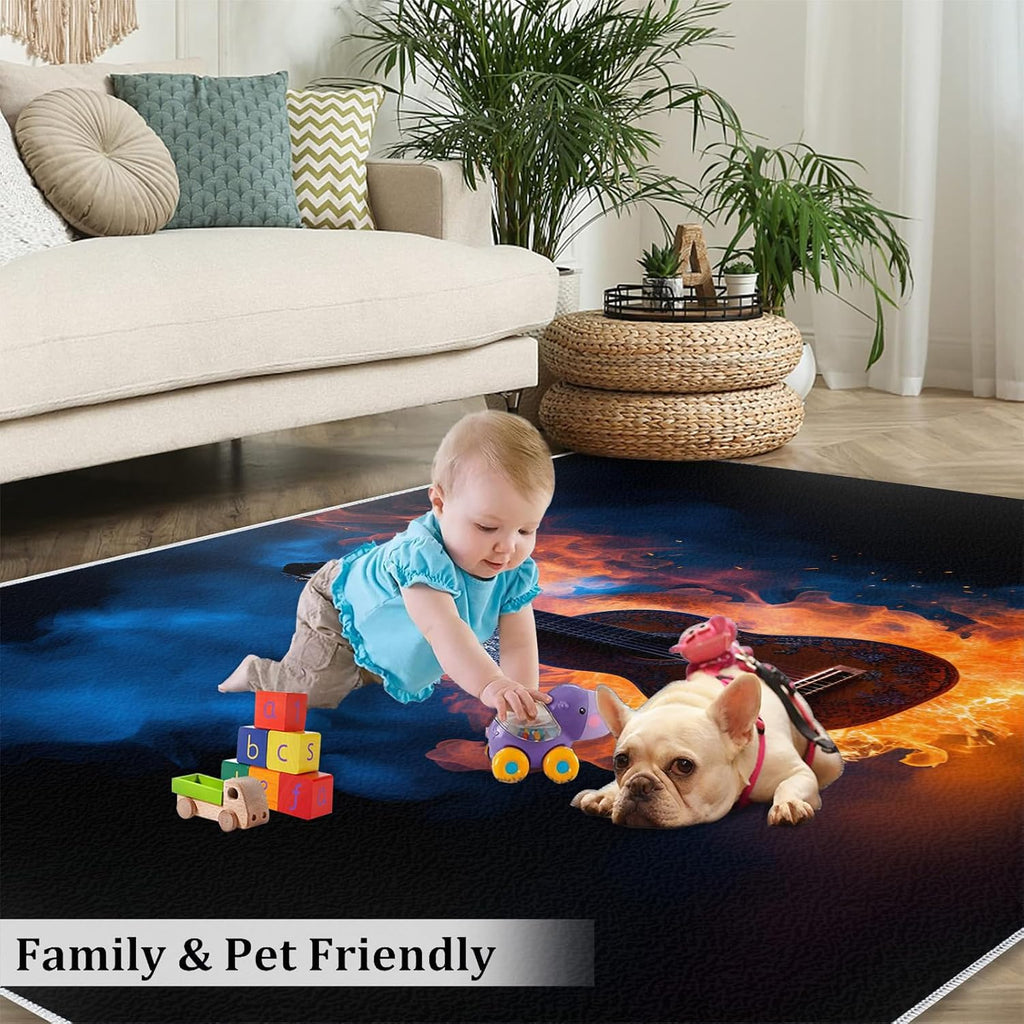 Guitar Rugs for Music Room - Music Rug, 6x8 Rug, Boys Musical Washable Rugs for Living Room Bedroom, Burning Area Rug, Rock and Roll Carpet - Home Decor, Electric Guitars Gifts for Men