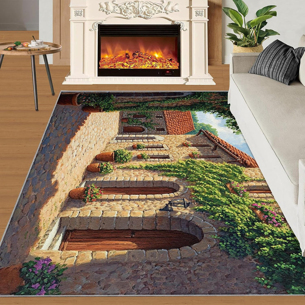 Tuscany Italy Rug 6x8-6x8 Rug, Italy Stone Path Area Rugs for Living Room Bedroom, Green Plants Area Rugs, Old Town Washable Carpet, Italian Street Carpet, Landscape Home Decor