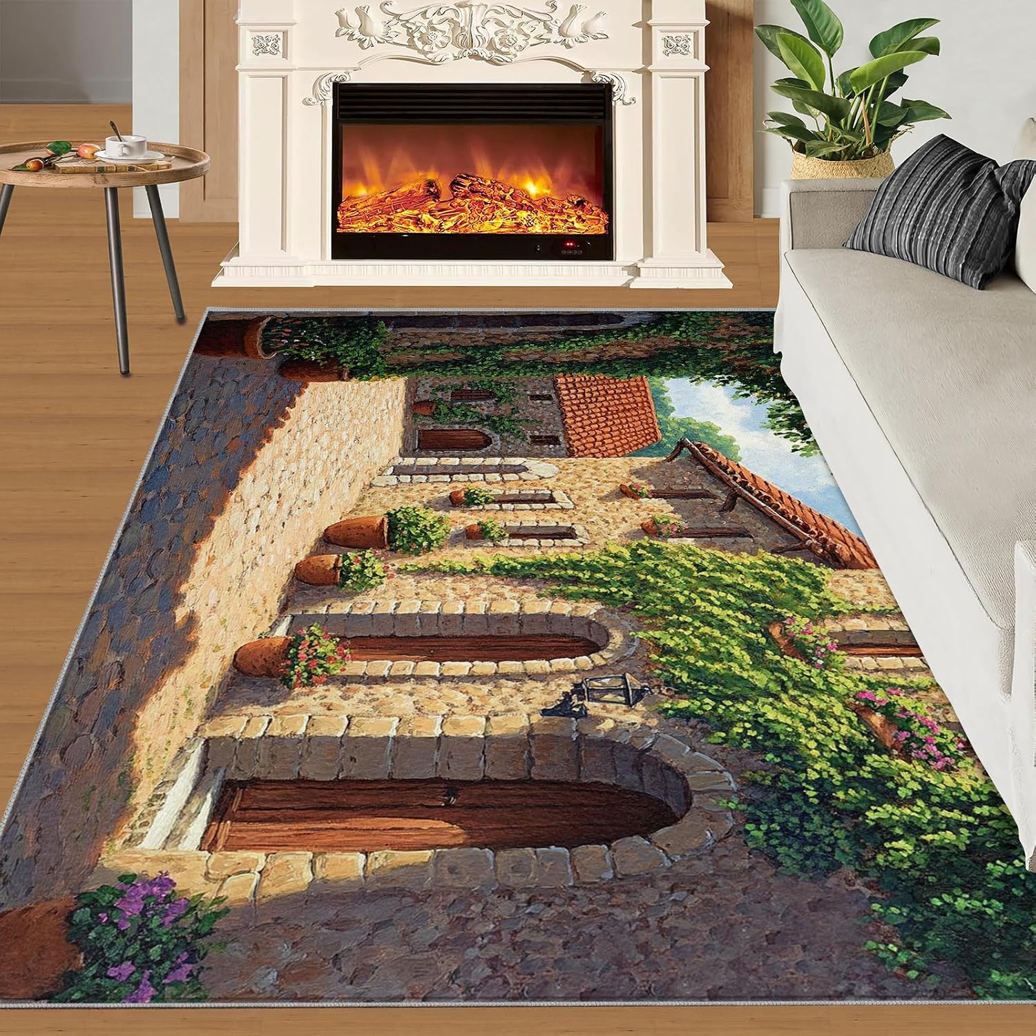 Tuscany Italy Rug 6x8-6x8 Rug, Italy Stone Path Area Rugs for Living Room Bedroom, Green Plants Area Rugs, Old Town Washable Carpet, Italian Street Carpet, Landscape Home Decor
