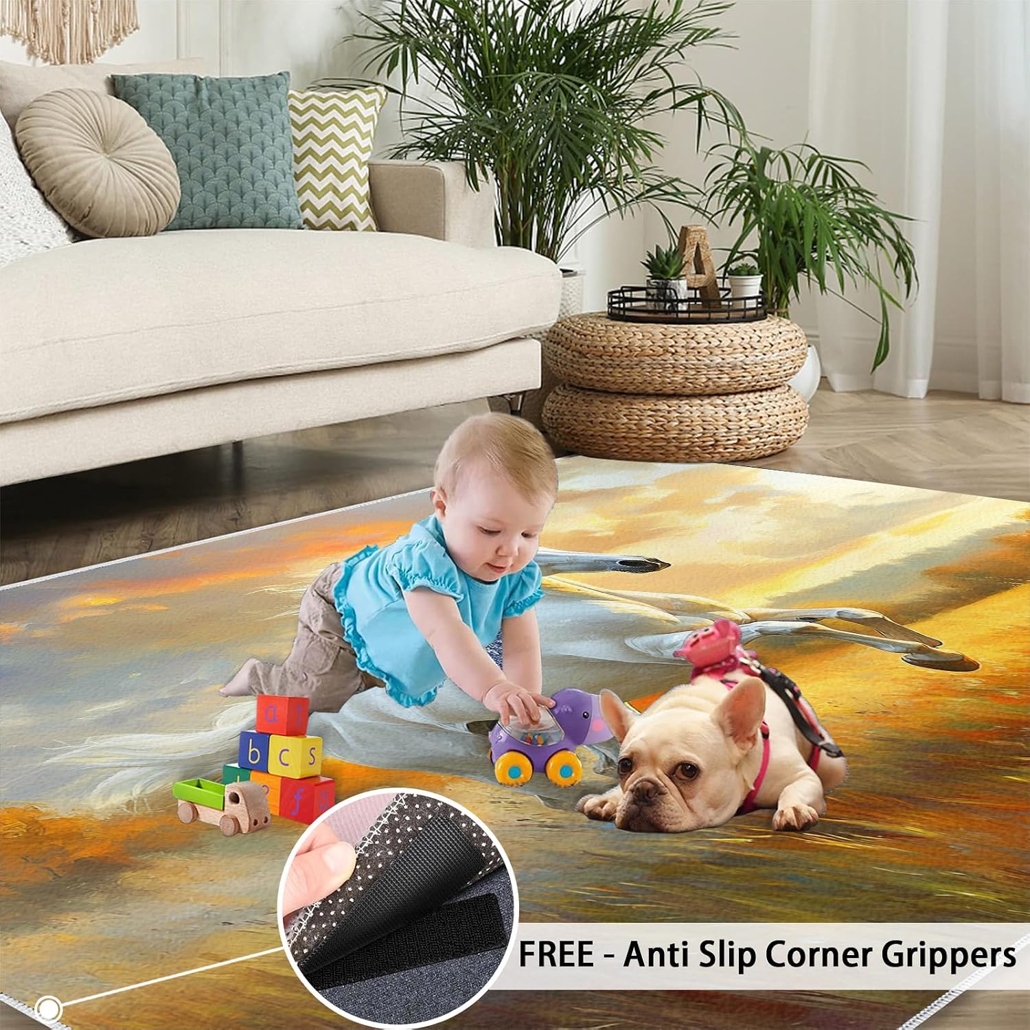 Galloping Horse Rugs for Bedroom, Vintage Animals Rug 6x8, Landscape Oil Painting Dining Room Rugs Washable & Non Slip Large Carpet for Home Decor