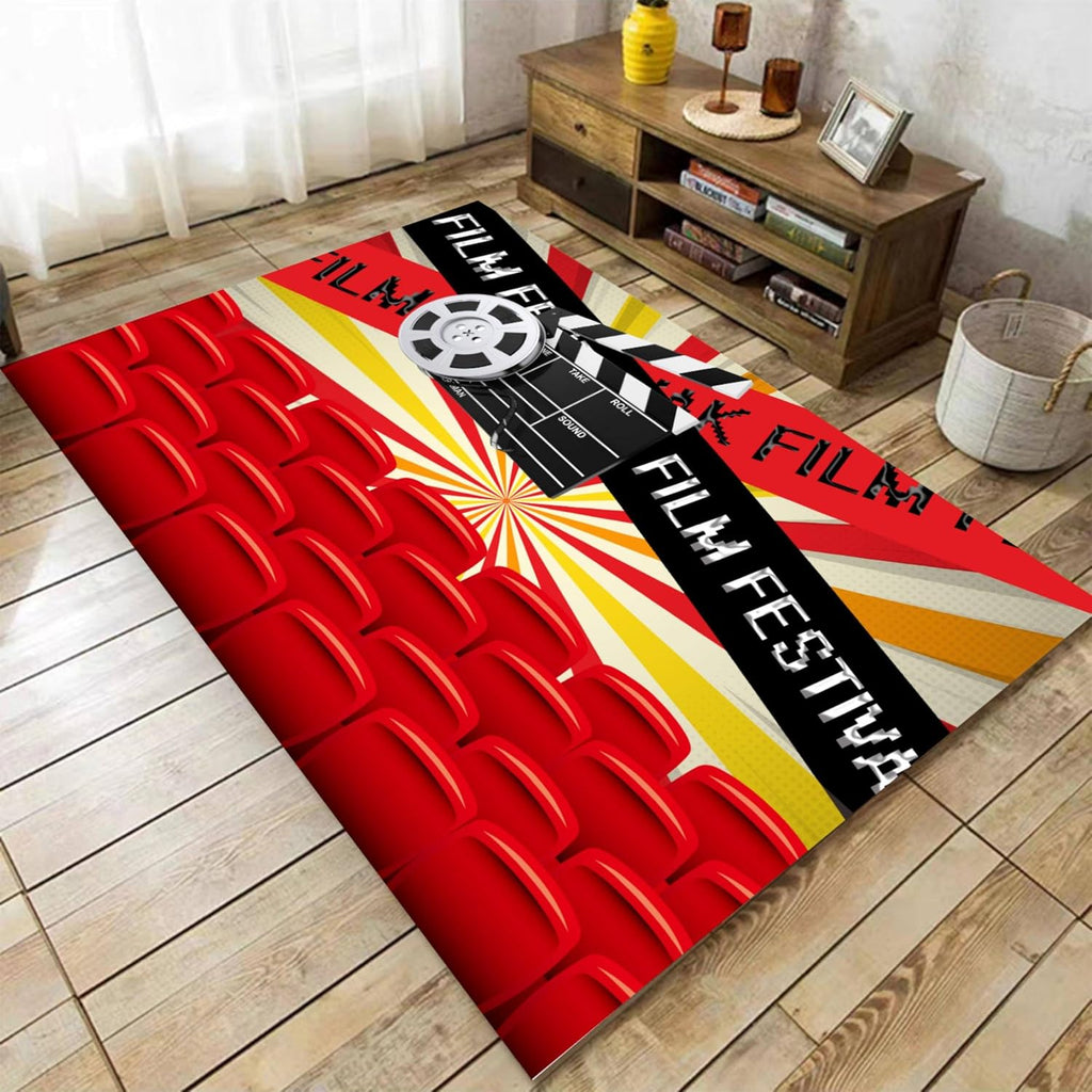 Theater Area Rug,6x8ft, with 3D Red Cinema Seats and Film Tape Patterns - Irregular Pattern Theme, Machine Washable Carpet for Indoor Living Room, Bedroom, and Office Decor Mat