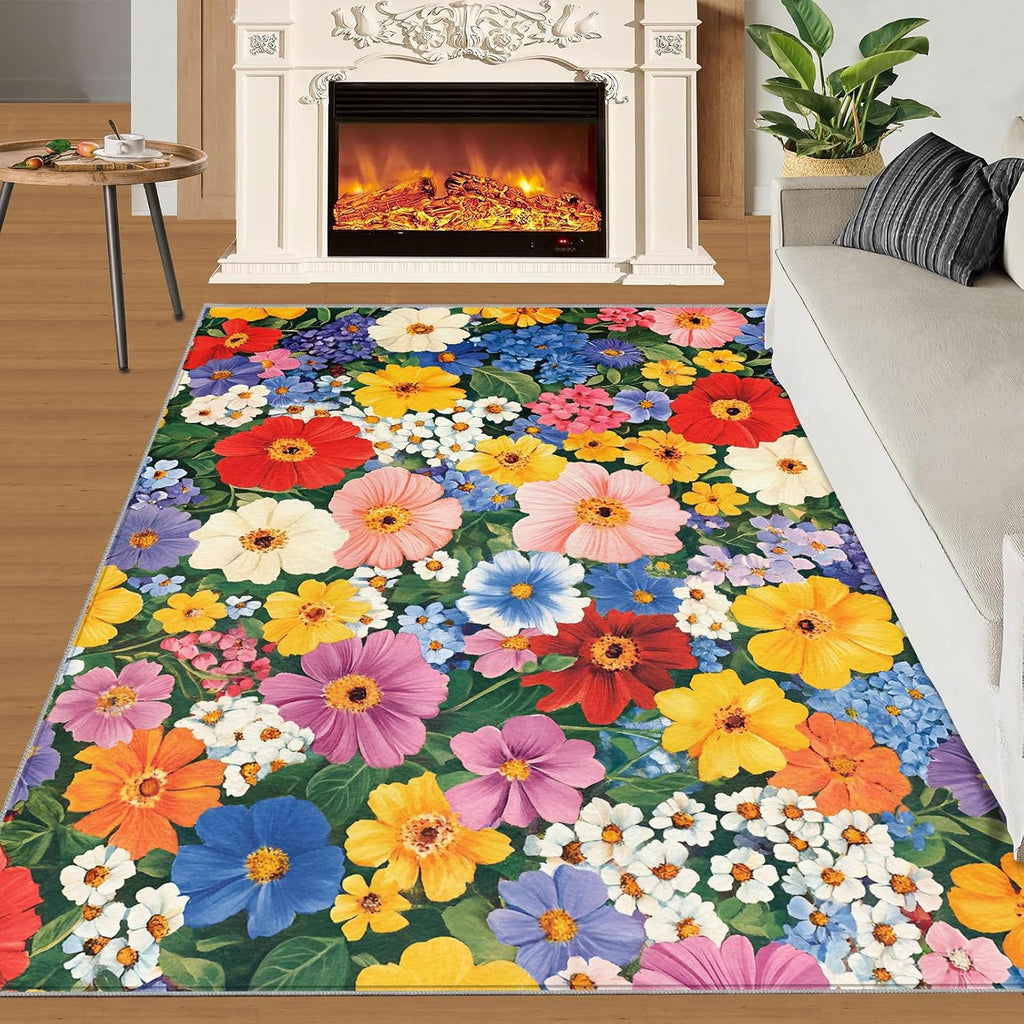 Colorful Florals Rug 6x8 - Dense Florals Large Rugs for Living Room, Vibrant Flowers Carpet Area Rug for Girls Bedroom Kids Room Basement Office Classroom