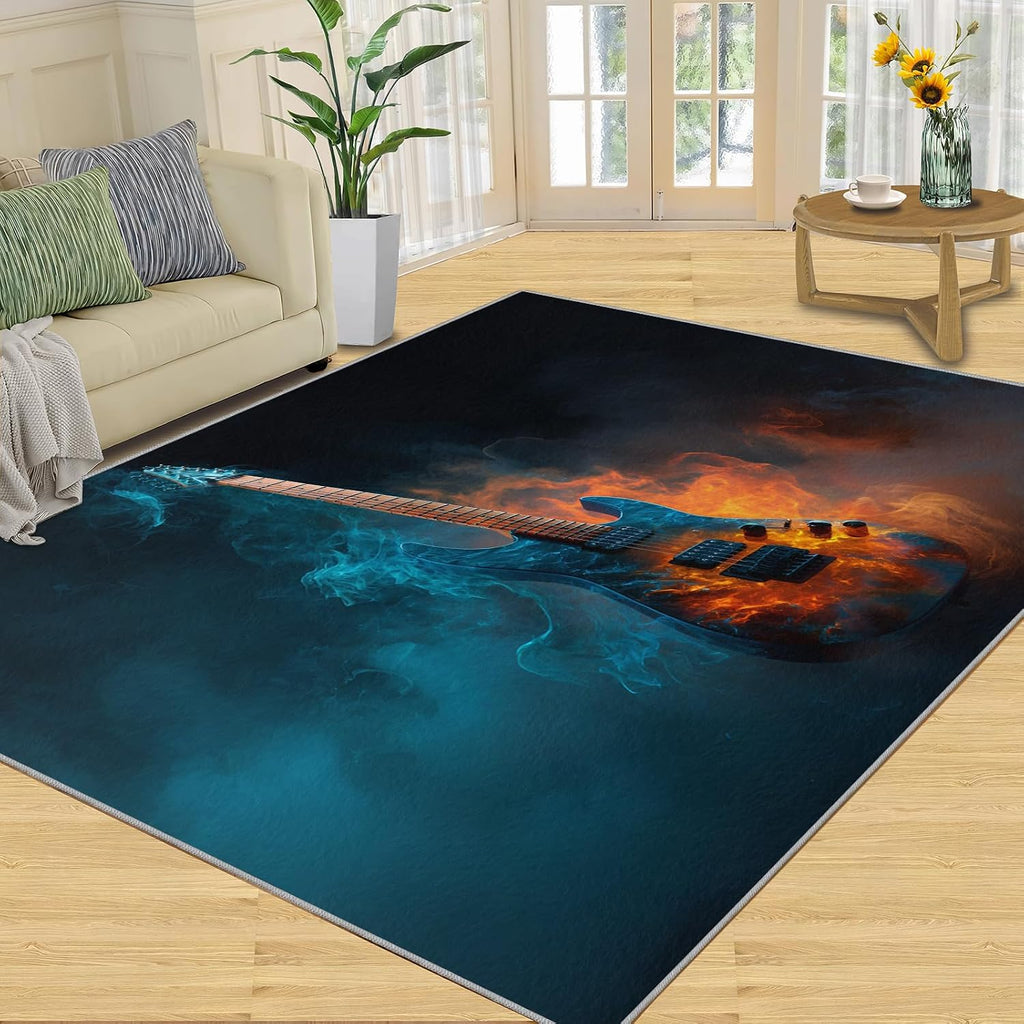 Guitar Rugs for Living Room, Musical Instrument Rug 7x10, Music Lover Area Rugs Washable & Non Slip Large Carpet for Home Decor