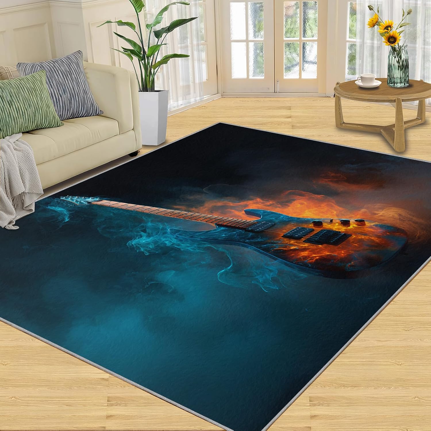 Guitar Rugs for Living Room, Musical Instrument Rug 7x10, Music Lover Area Rugs Washable & Non Slip Large Carpet for Home Decor