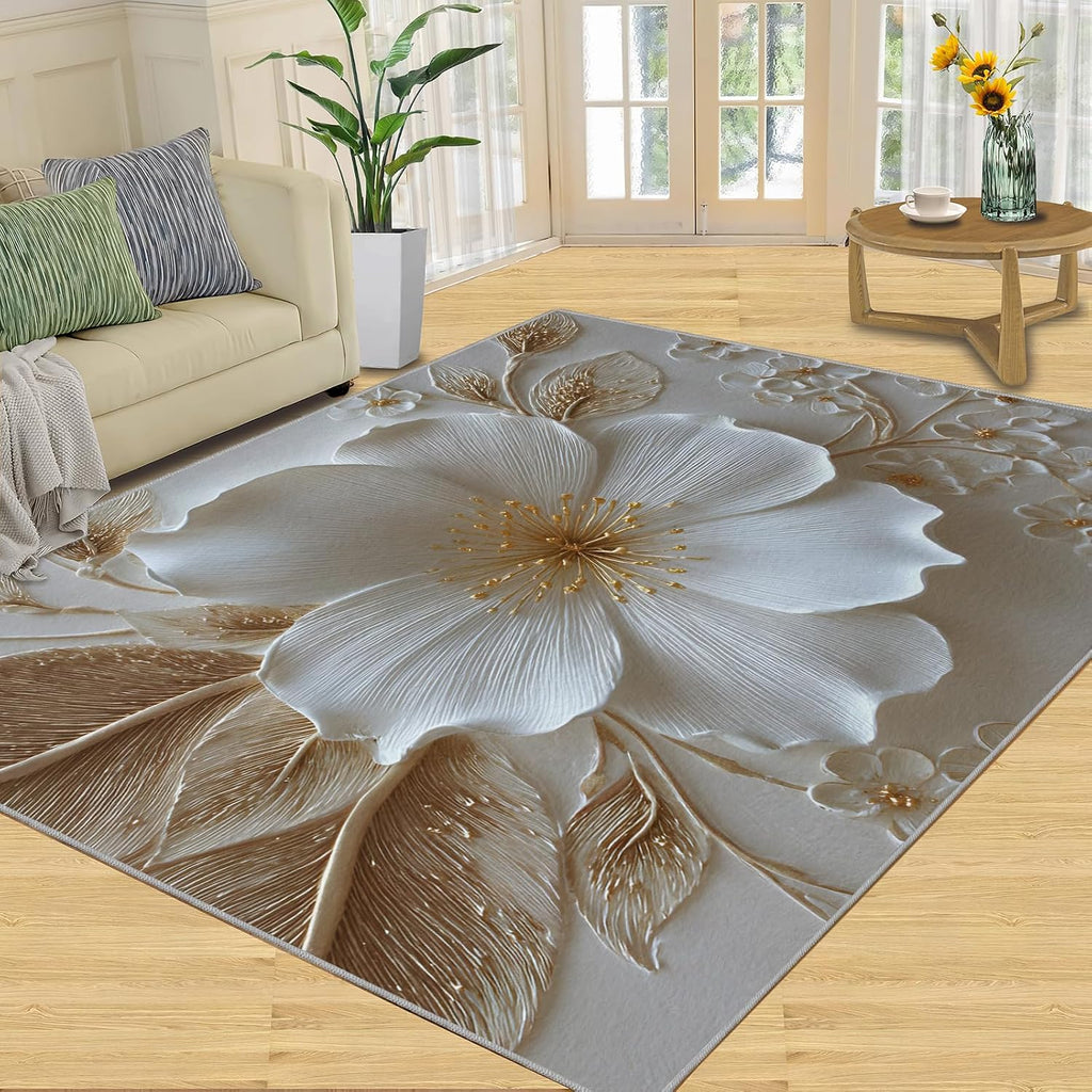 3D Relief Floral Rugs for Bedroom, Modern Relief Rug 6x8, Stereo White Flowers Dining Room Rugs Washable & Non Slip Large Carpet for Home Decor
