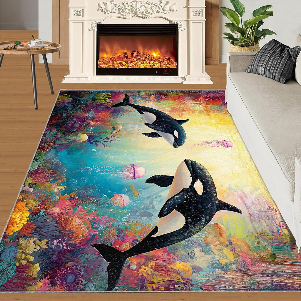 Dolphin Area Rug 5x7, Ocean Shengw Rugs for Living Room, Dolphin Rug for Bedroom, Machine Washable Rugs for Kitchen Dining, Home Decor Carpet