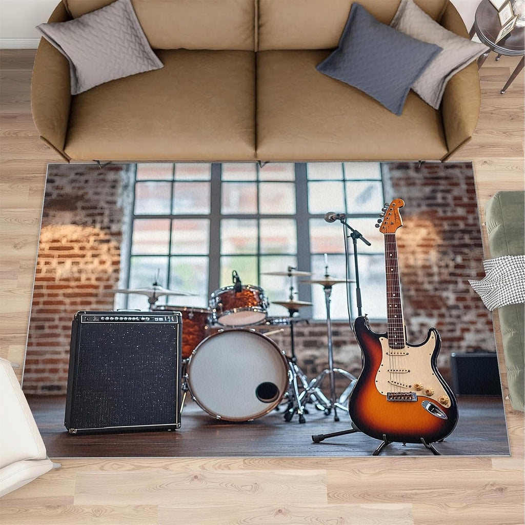 Music Area Rug Large - 6x8 Rug, Guitar Rugs for Living Room, Drum Set Area Rugs for Bedroom, Boys Washable Carpet, Music Home Decor & Gifts