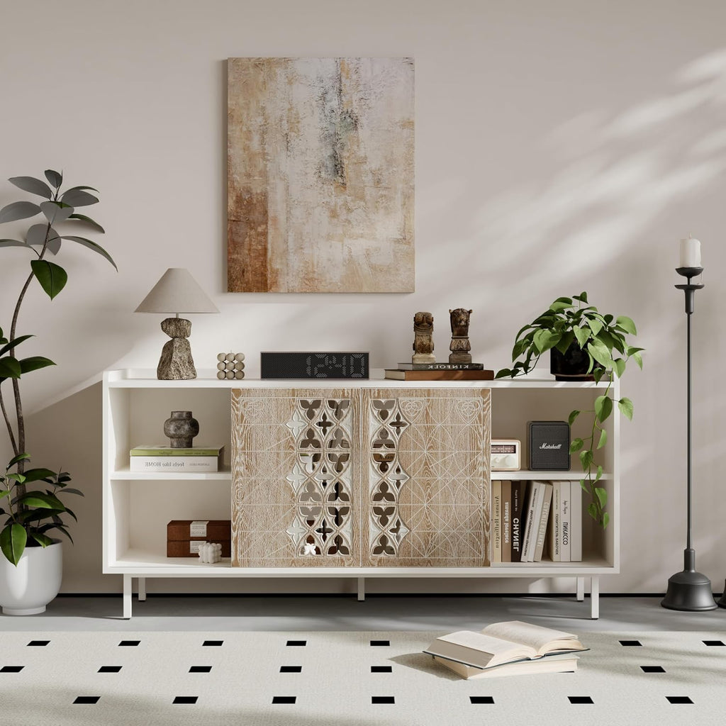 59' Rustic Solid Wood Freestanding Storage Cabinet, Kitchen Storage Bakers Rack with Sliding Doors, Utility Food Cupboard with Ample Storage for Living Room and Kitchen, White+Vintage