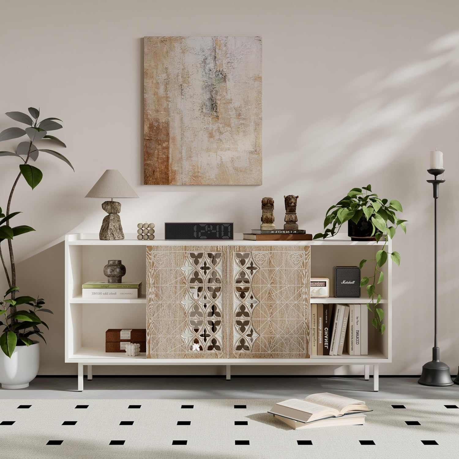 59' Rustic Solid Wood Freestanding Storage Cabinet, Kitchen Storage Bakers Rack with Sliding Doors, Utility Food Cupboard with Ample Storage for Living Room and Kitchen, White+Vintage