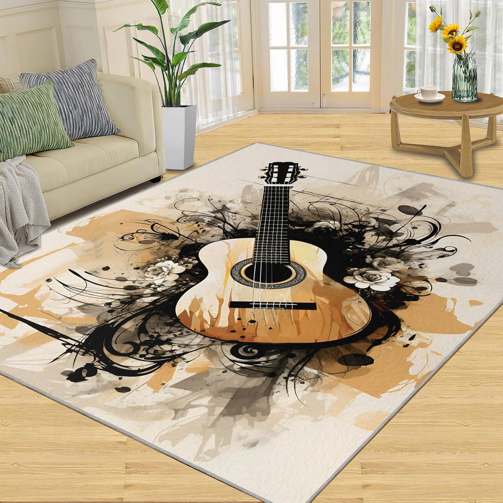 Guitar Area Rug - Cool Guitar Rugs for Bedroom - Music Lover Living Room Rug, Indoor Machine Washable Carpet for Music Studio Band Entertainment Room 6x8ft