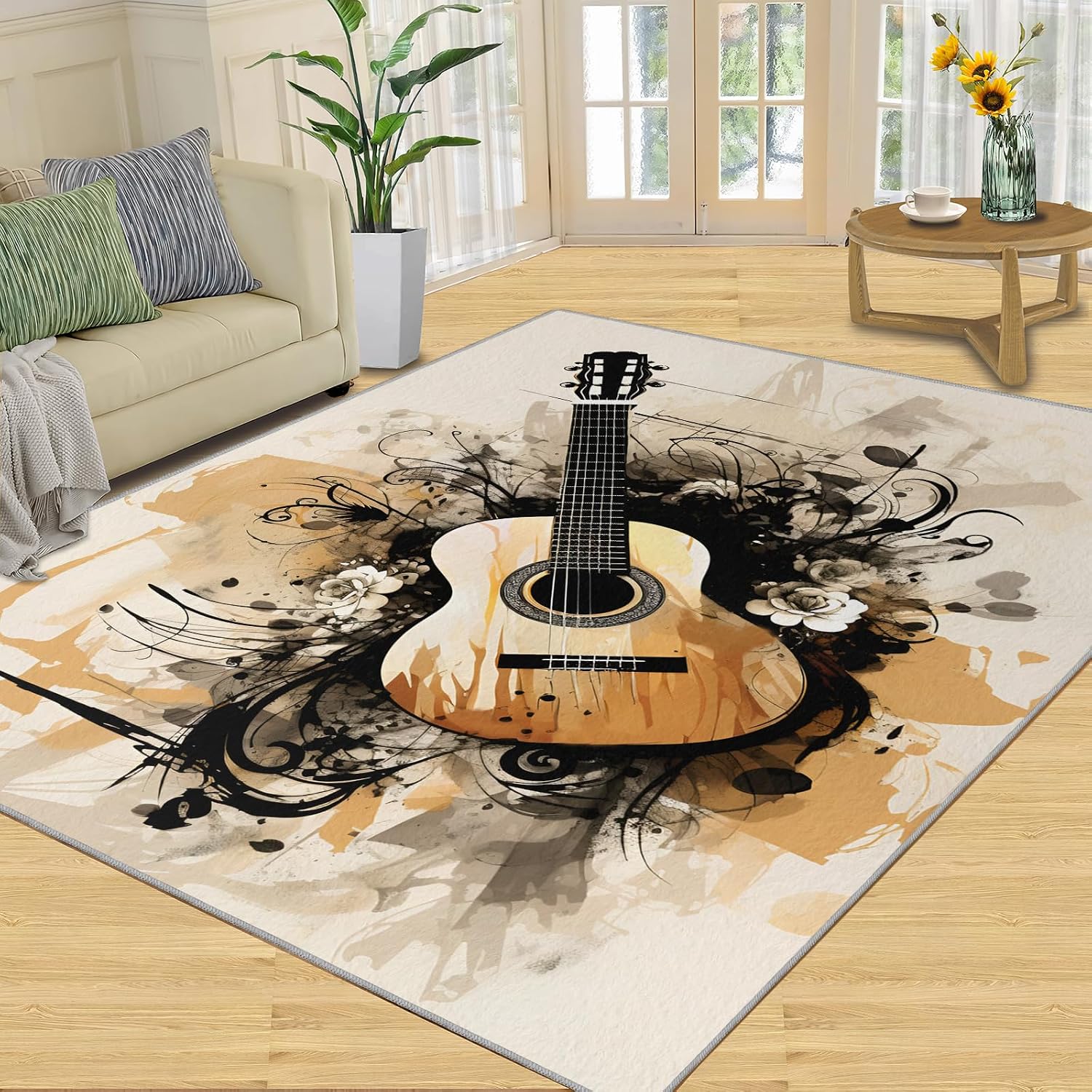 Guitar Area Rug - Cool Guitar Rugs for Bedroom - Music Lover Living Room Rug, Indoor Machine Washable Carpet for Music Studio Band Entertainment Room 6x8ft