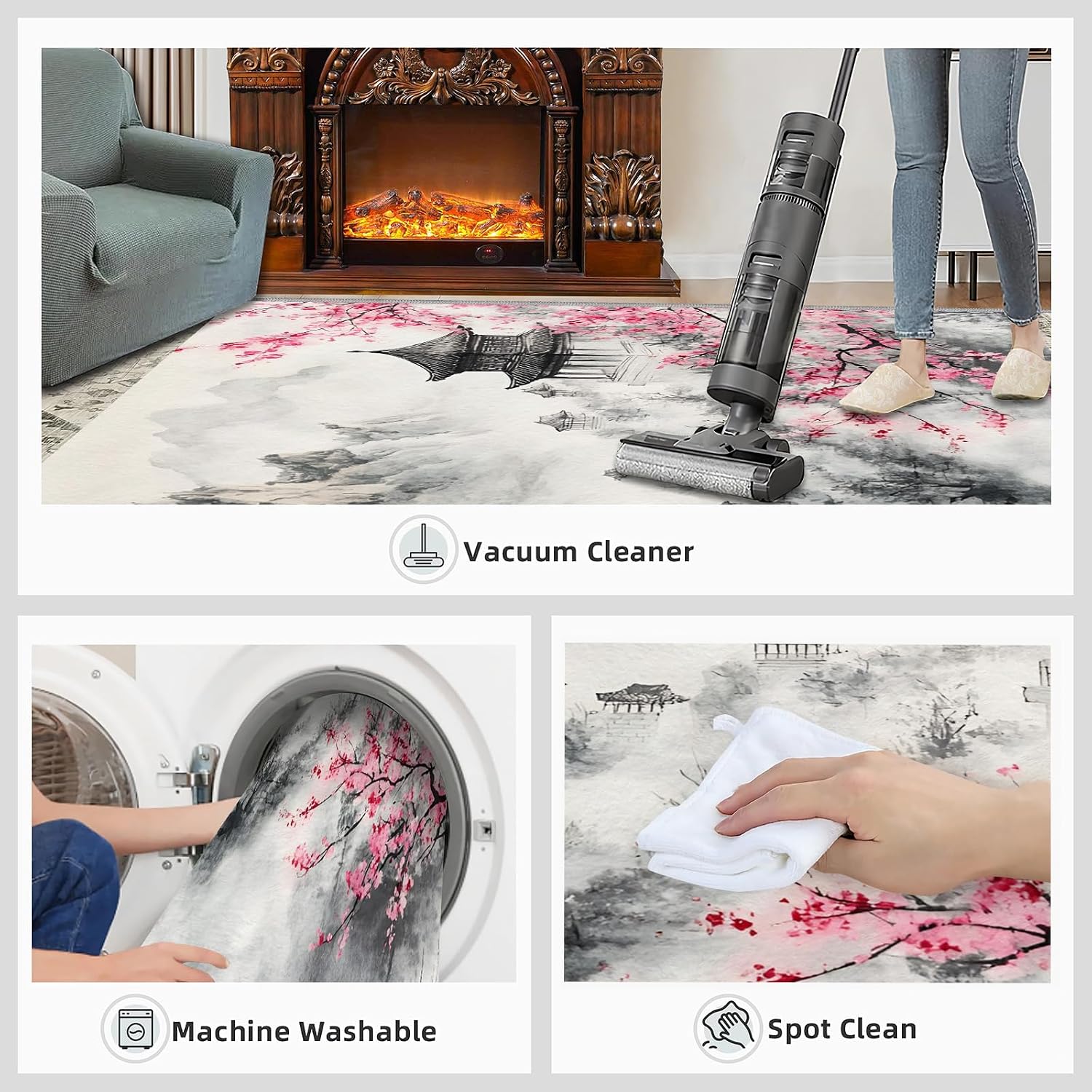 Japanese Rugs for Bedroom - 6x8 Rug, Cherry Blossom Area Rugs for Living Room, Ink Painting Mountains Carpet, Oriental Washable Mat, Japanese Home Decor & Gifts