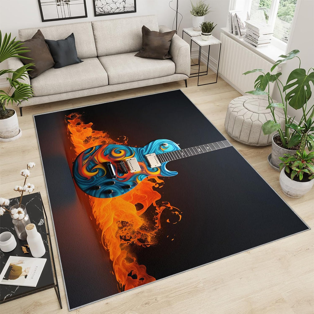 Guitar Rugs for Music Room - 5x7 Rug, Music Home Decor, Boys Musical Washable Rugs for Living Room Bedroom, Cool Fire Area Rug, Rock and Roll Carpet, Electric Guitars Gifts for Men