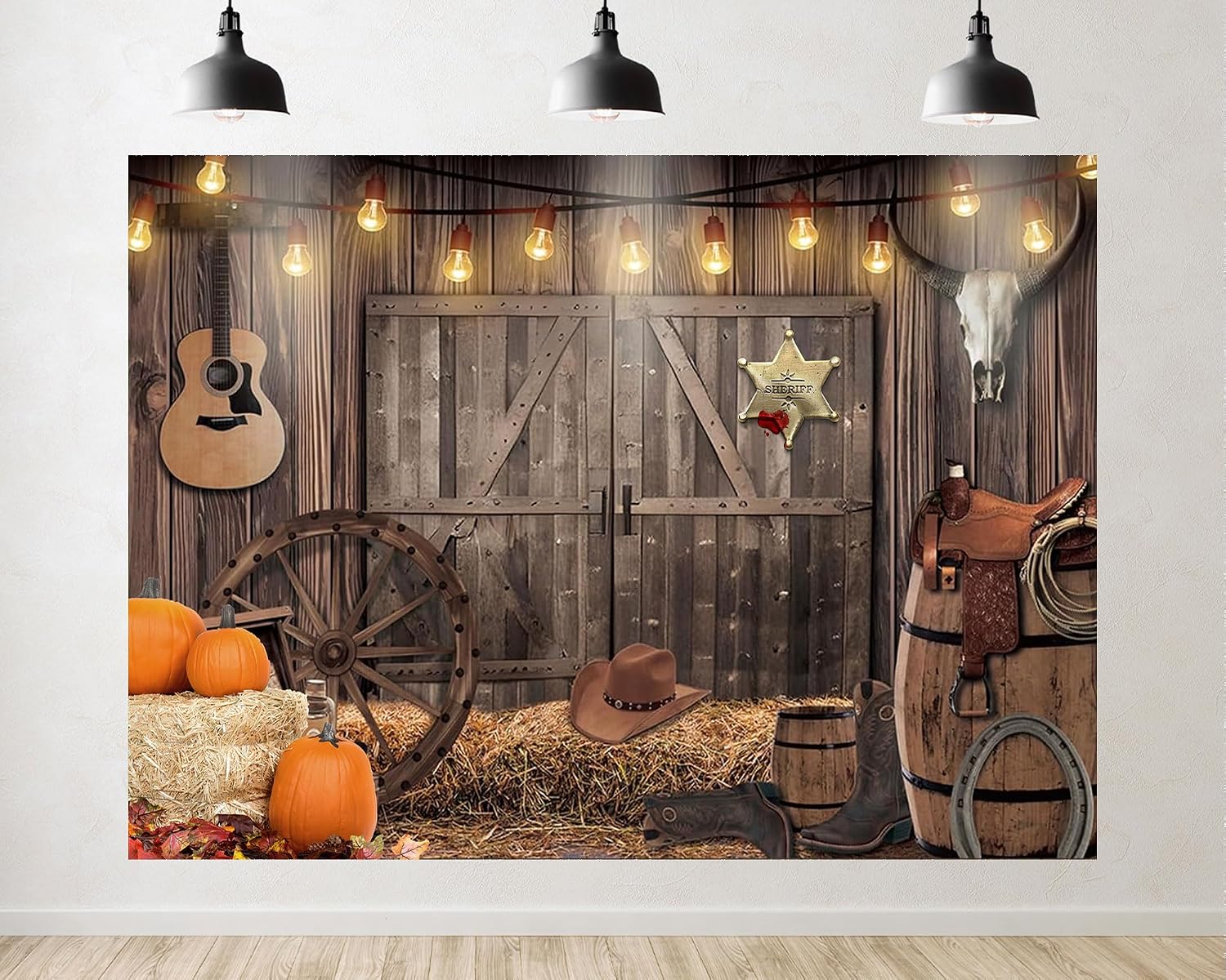 Trykid 20x10ft Western Cowboy Backdrop Wild West Wooden Barn Door Guitar Hay Bales Pumpkins Photography Boys Girls Birthday Party Decoration Banner Photoshoot Studio Props Fabric