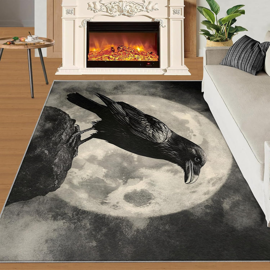 Black and White Rug - Large Rug 6x8 - Crow Rugs for Living Room - Soft & Non Slip & Washable Rugs for Bedroom, Full Moon Carpets for Dining Room Lounge Girls Room