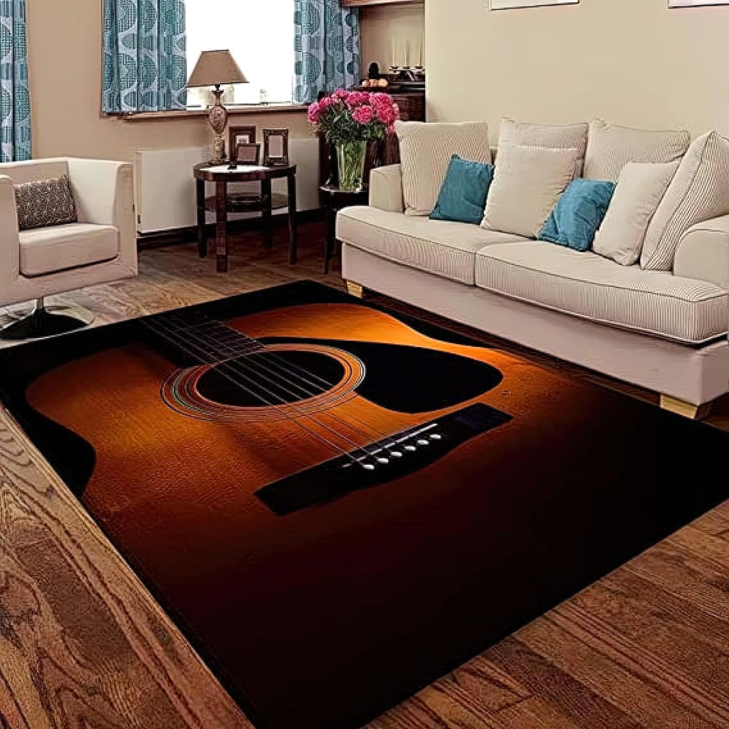Acoustic Guitar Area Rug 5x6ft Vintage Guitars Music Lovers Living Room Rugs, Indoor Non-Slip Kids Rugs, Machine Washable Breathable Durable Carpet for Bedroom Study Front Entrance Floor Decor
