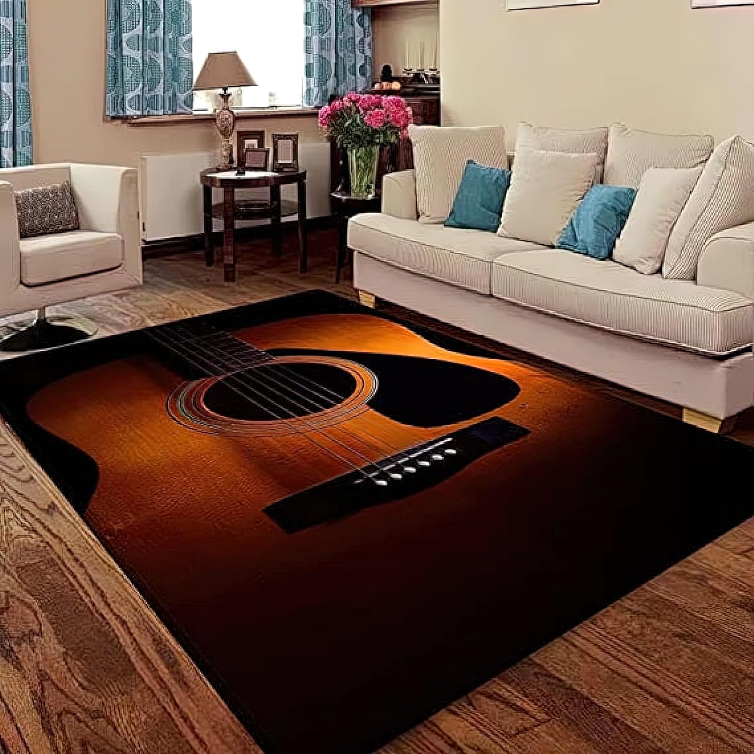 Acoustic Guitar Area Rug 5x6ft Vintage Guitars Music Lovers Living Room Rugs, Indoor Non-Slip Kids Rugs, Machine Washable Breathable Durable Carpet for Bedroom Study Front Entrance Floor Decor