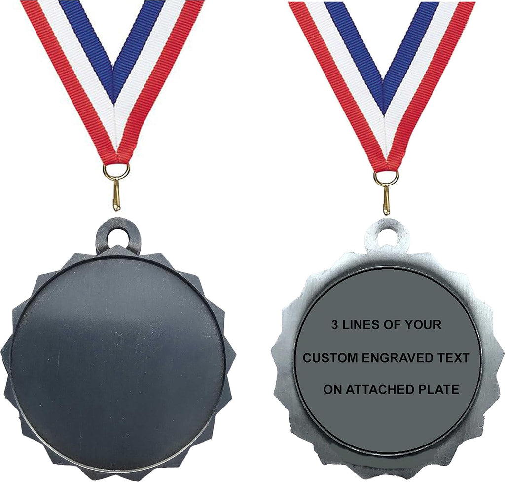 Express Medals 1 to 50 Packs of Engraved Blank Silver Medal Award Trophy Insert Holder with Neck Ribbon & Attached Engraved Plate on Back LAZD214-Blank