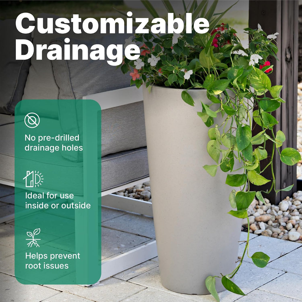 Step2 Tremont Tall Round Tapered Planter, 28' Tall 2-Pack, Indoor/Outdoor Plants, Efficient Drainage, Durable Resin, Concrete