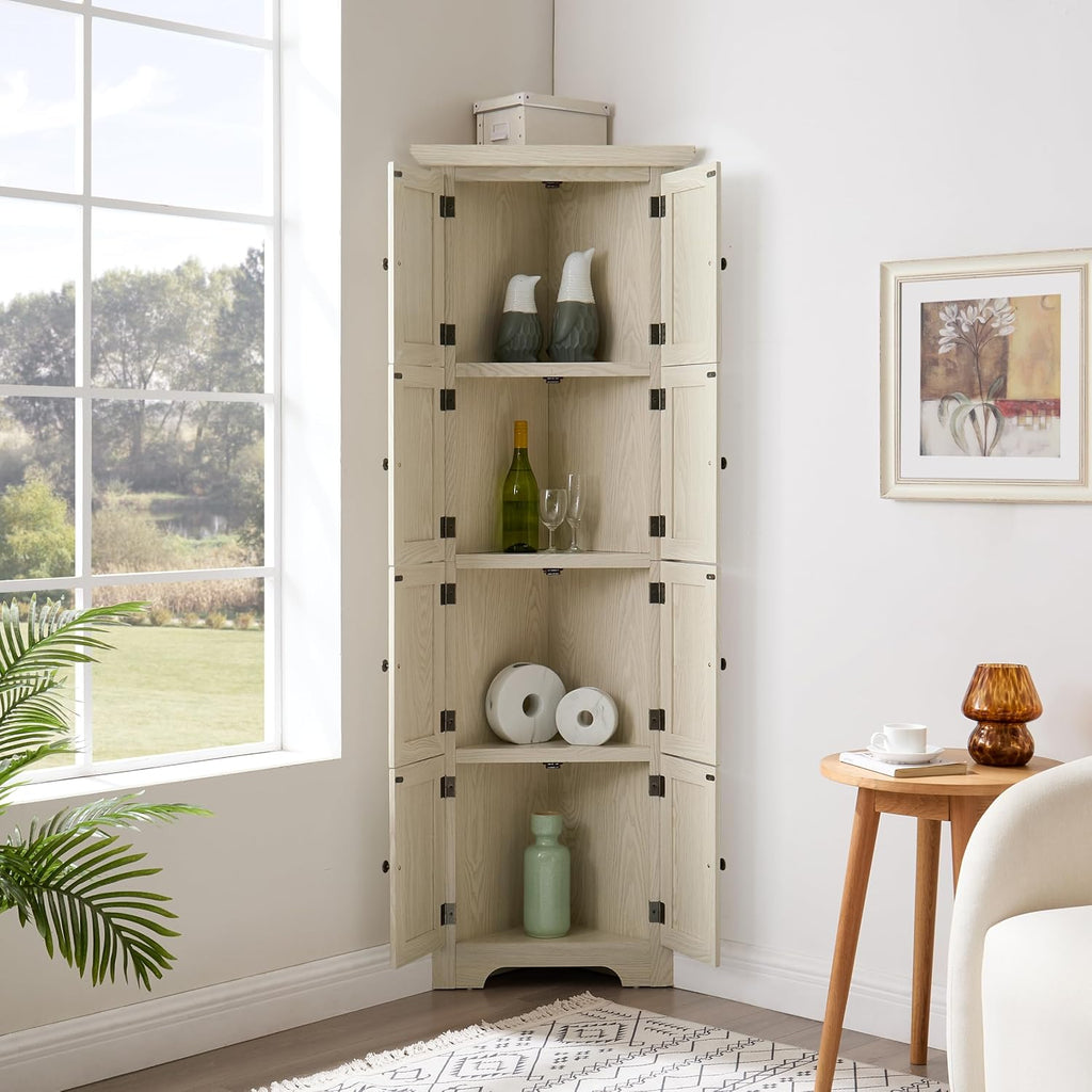 72' Sturdy Freestanding Storage Cabinet, Kitchen Storage Bakers Rack with Tiered Shelves, Utility Food Cupboard with Spacious Doors for Kitchen, Bathroom, Living Room, White