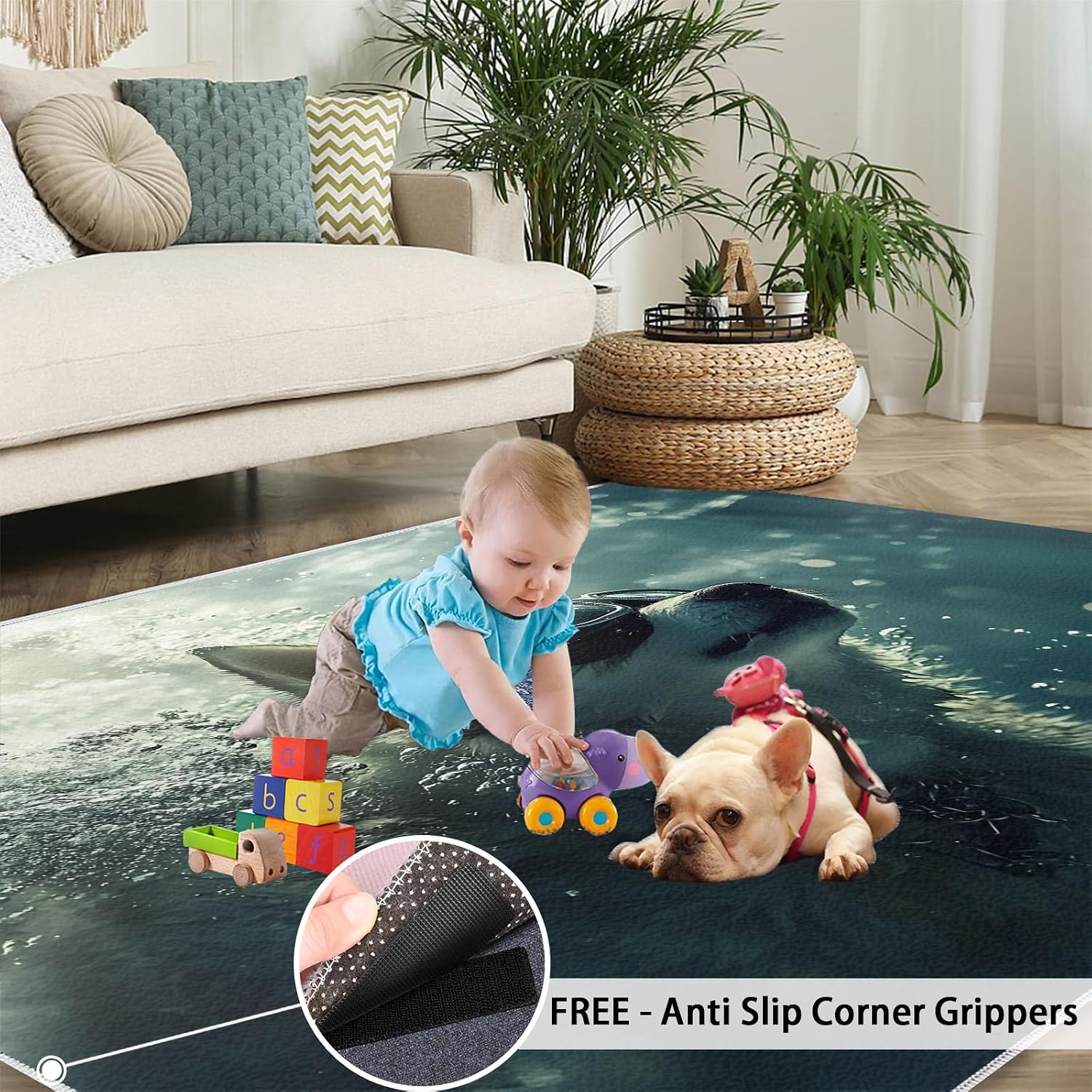 Corgi Rug 6x8, Swimming Dogs Rugs for Living Room, Underwater Dog Rugs for Bedroom, Non Slip Washable Area Rug, Low Pile Carpet for Hardwood Floors