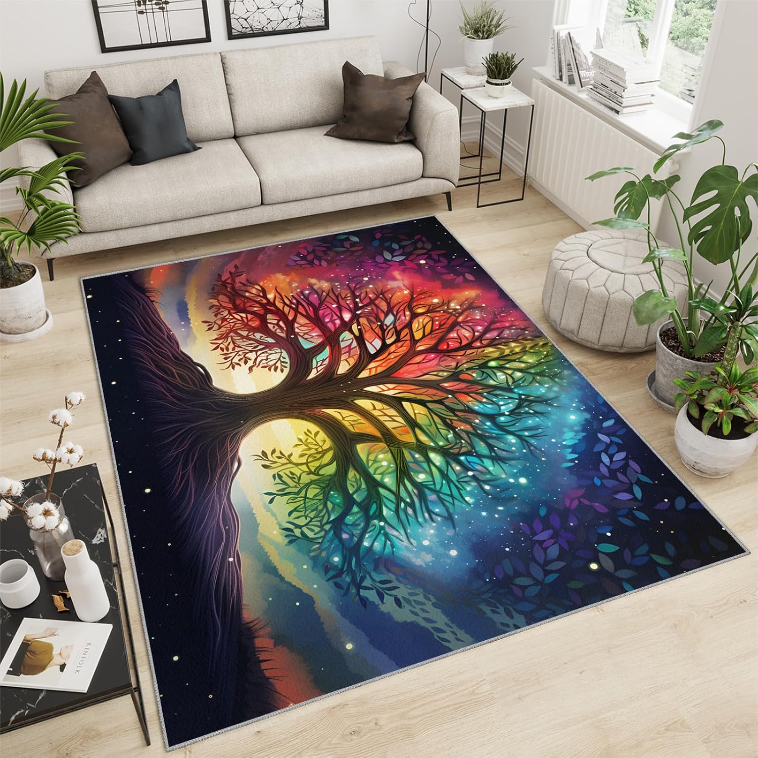 Colorful Life Tree Rug for Kids Room - 6x8 Large Rug, Boho Aurora Starry Galaxy Rugs for Bedroom Fantasy Tree Area Rugs for Living Room Home Decor Washable Rug