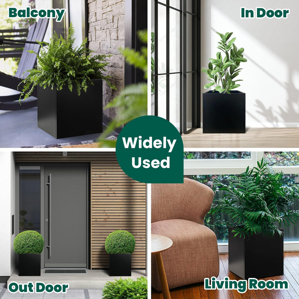 Galvanized Steel Planter Box Black Metal Planter 16Inch Square Indoor Outdoor Planters Cube Steel Heavy Duty Powder Coating Modern Commercial Residential for Patio, Yard, Garden