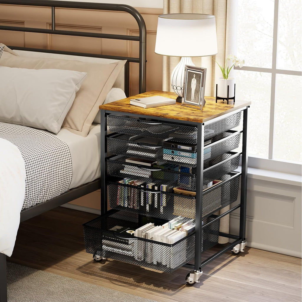 EasyCom 20.8'x18.9' Large Printer Stand with 5 Drawers- Heavy Duty Printer Table with Wheels, Laser Printer Cart for Home Office Living Room Supplies-Rustic Brown (Rustic Brown)