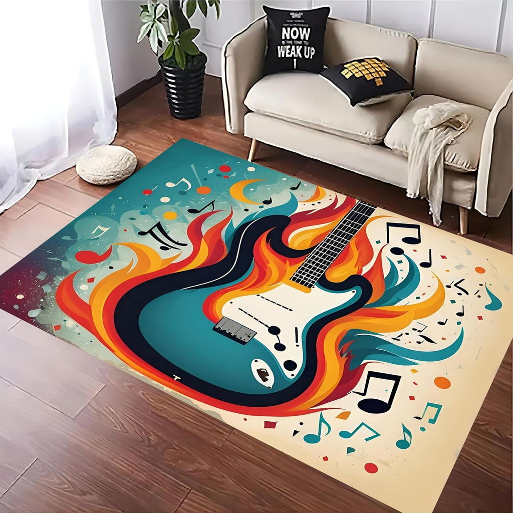 Burning Guitar Music Area Rugs，6x8ft Modern Music Lover Large Rugs, Indoor Non-Slip Kids Rugs, Machine Washable Breathable Durable Carpet for Welcoming Entrance Bedroom Floor Decor