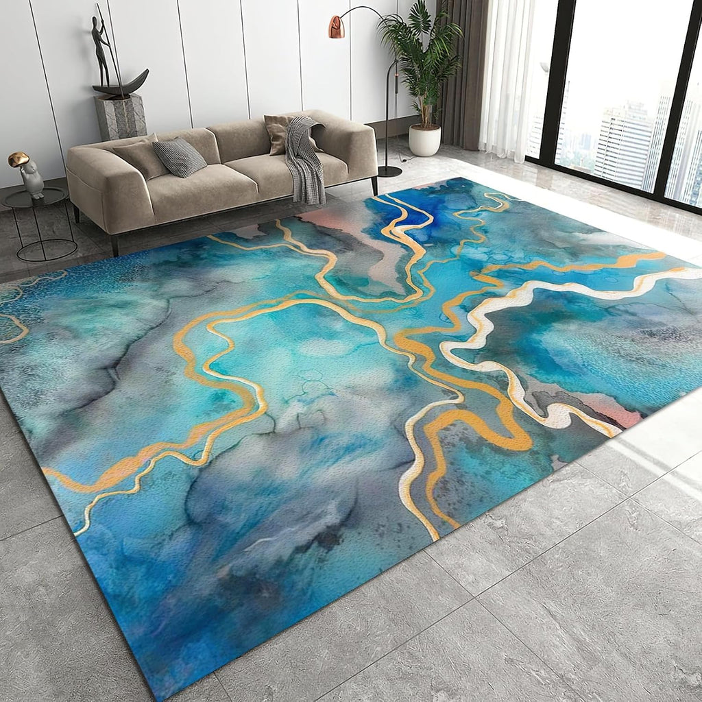 6x8 Rug Blue Gold Gray Marble Easy Clean Rug, Watercolor Ink Texture Soft Non-Skid Carpet Throw Rugs for Kids Teen Girls Boys Bedroom, Living Room Bathroom Classroom Office