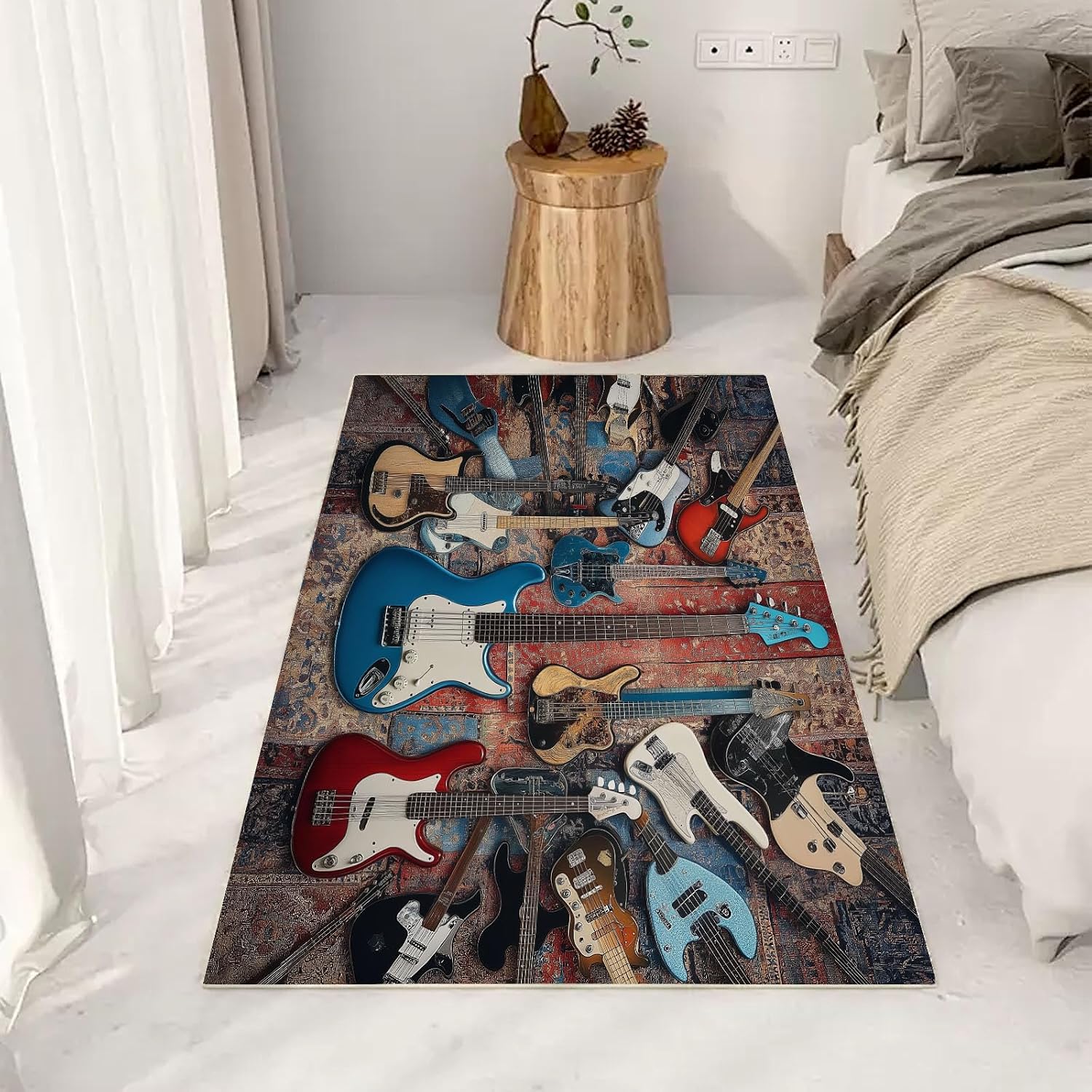 Guitar Art Motif Large Area Rug 6x9ft Abstract Color Blocks Washable Area Rugs for Living Room Navy Blue Bedroom Rug Decorative Carpet, for Dining Room Dormitory Washable Rugs