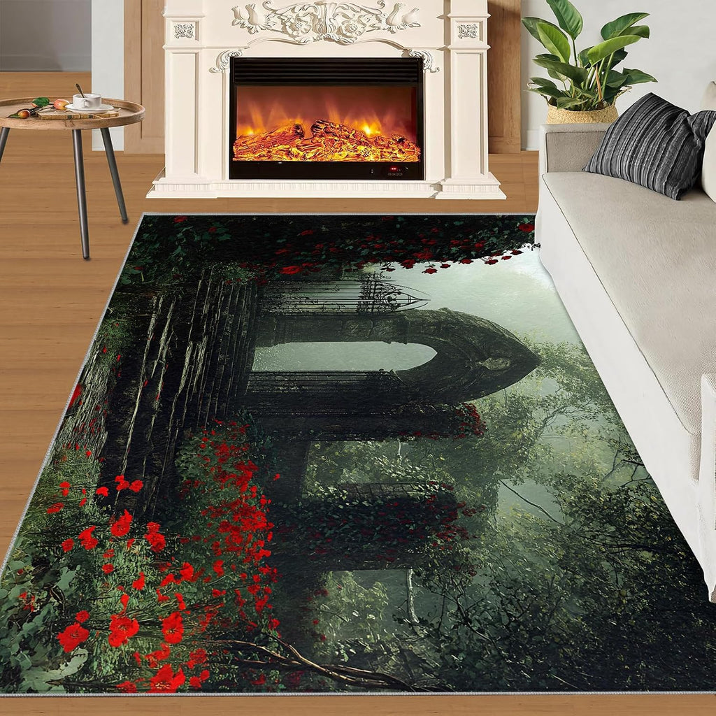 European Rug 6x8-6x8 Rug, Red Flower Area Rugs for Living Room Bedroom, Gothic Area Carpet, Landscape Washable Carpet, European Home Decor & Gifts