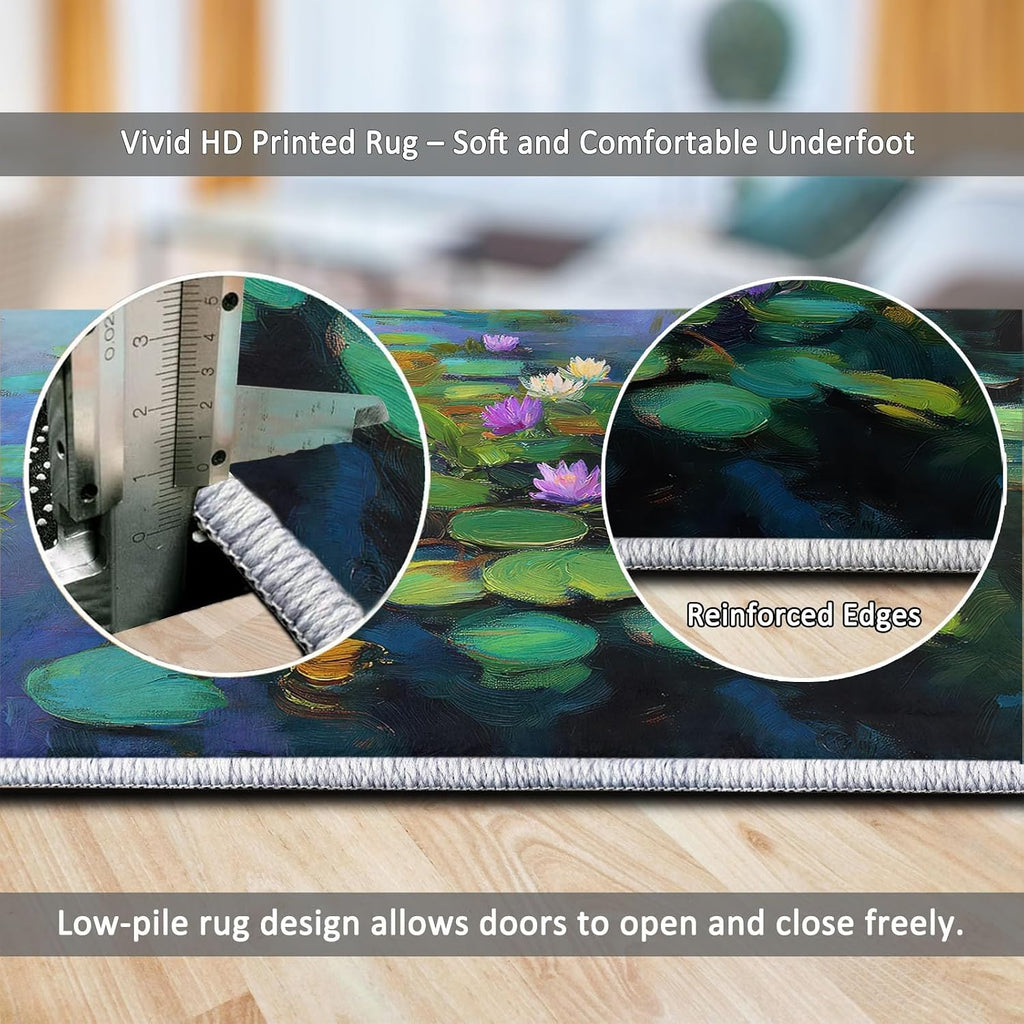 Oil Painting Area Rug 5 x 7 ft for Living Room Bedroom, Pond Mountains Lotus Leaves Willow Trees Indoor Washable Kitchen Carpet Non-Slip Low-Pile Carpet Lightweight Rug for Dining Room Bathroom Door