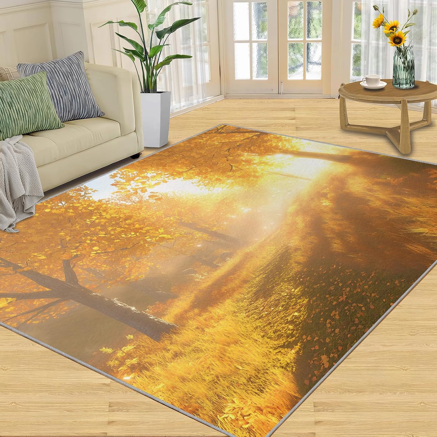 Autumn Forest Area Rug Large - 6x8 Rug, Fall Leaves Rugs for Living Room, Fall Carpet, Maple Leaves Washable Area Rugs for Bedroom, Natural Scenery Carpet, Forest Home Decor