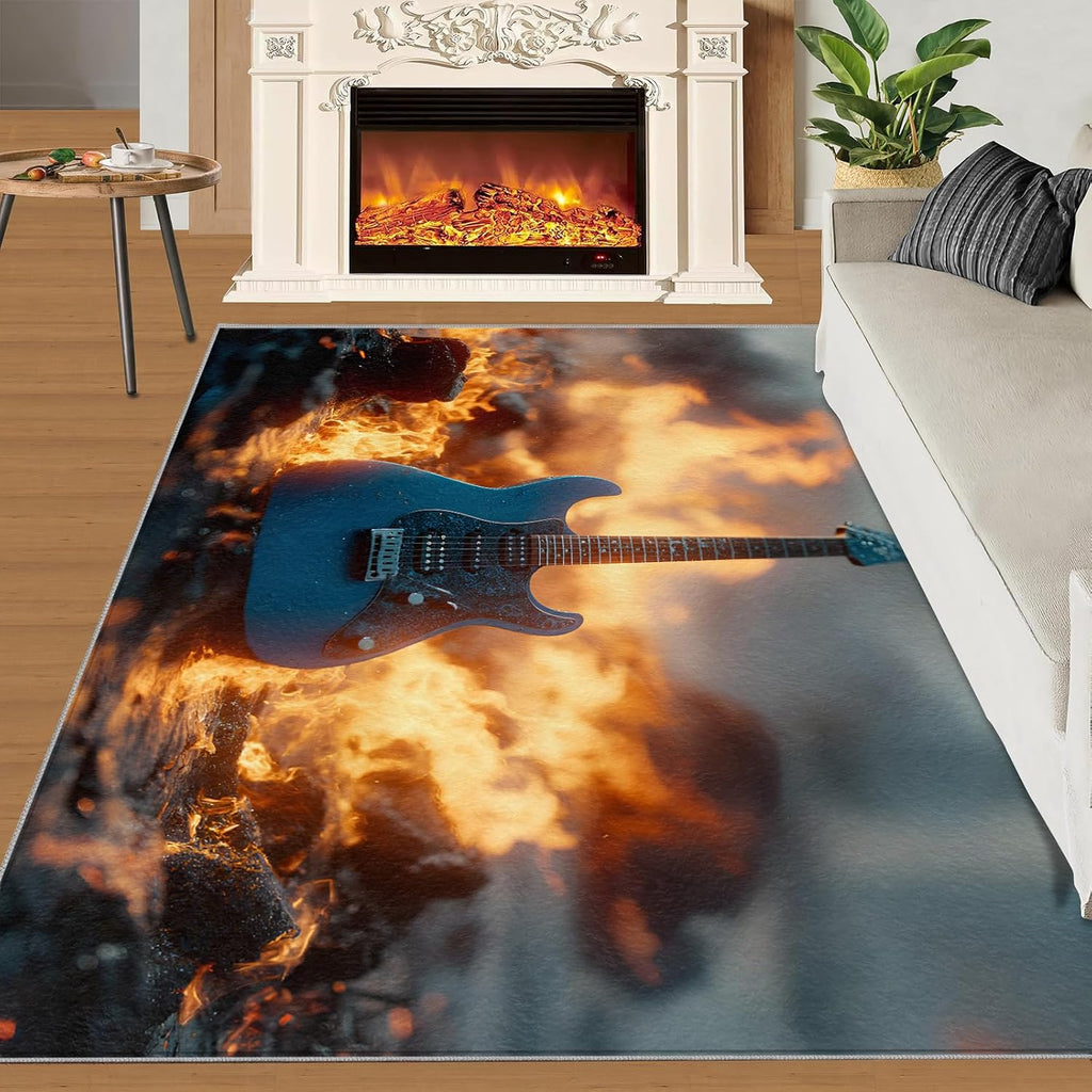 Guitar Rugs for Music Room - Boys Musical Rug, 6x8 Rug, Music Washable Rugs for Living Room Bedroom, Burning Area Rug, Rock and Roll Carpet - Home Decor, Electric Guitars Gifts for Men