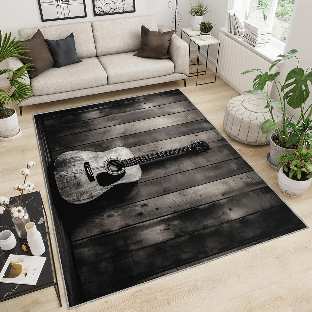 Gray Guitar Area Rug 6x9ft Music Lover Kids Rugs, Vintage Wooden Board Rug for Bedside, Indoor Non Slip Carpet for Music Room Bedroom Classroom Recording Studio