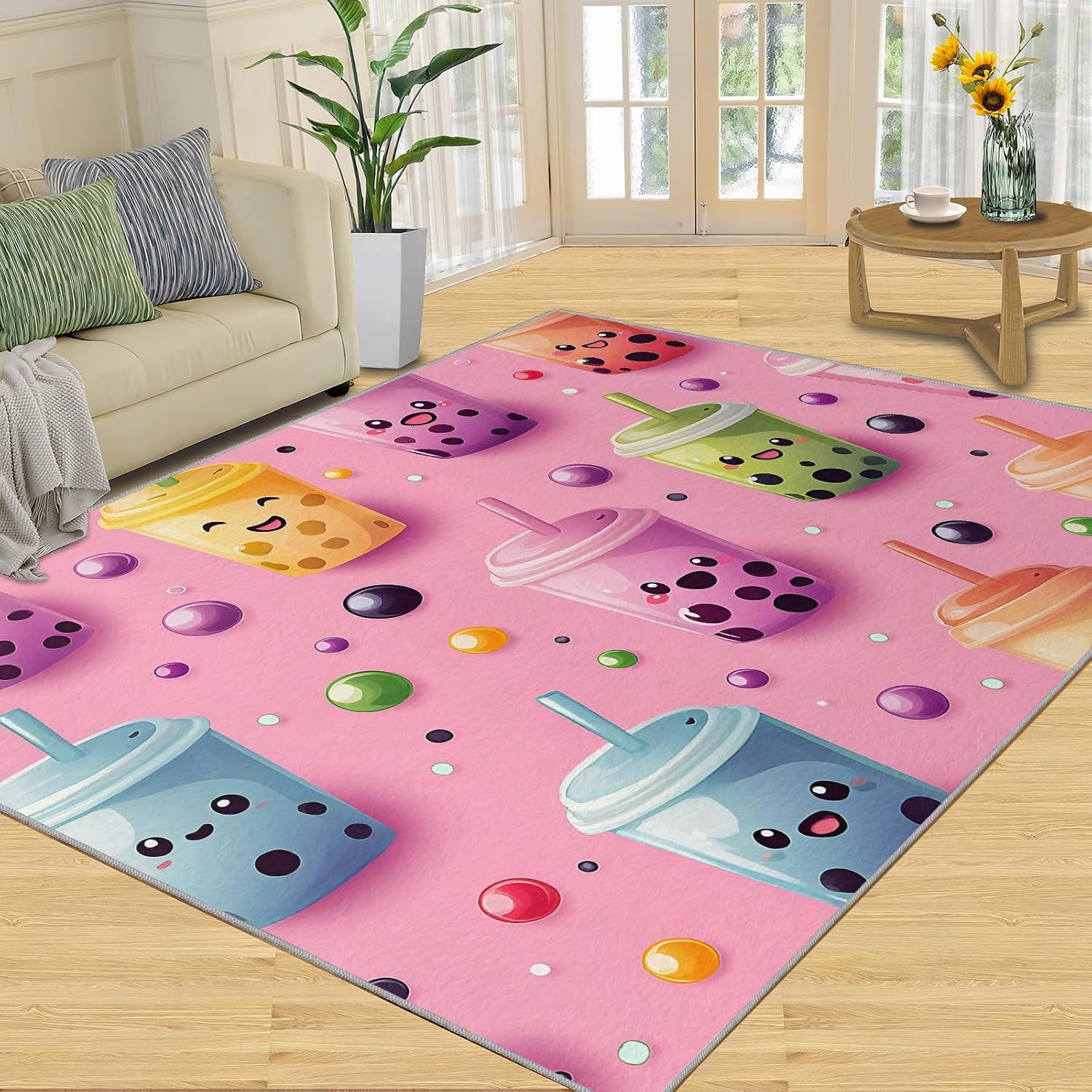 Pink Rugs for Living Room, Boba Print Rug, Cartoon Girl Washable Rugs for Bedroom, Low Pile & Non Slip, Indoor Carpet, 6x8 Area Rug & Home Decor