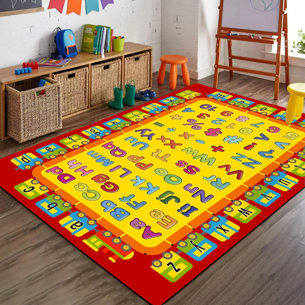 Children's Educational Playing Mat, 6x8ft, Cartoon Train Alphabet Numbers Area Rug for Bedroom, Bright Colors Anti-Skid Kids Rugs, Soft Washable Easy Clean Rugs for Girls Boys Indoor