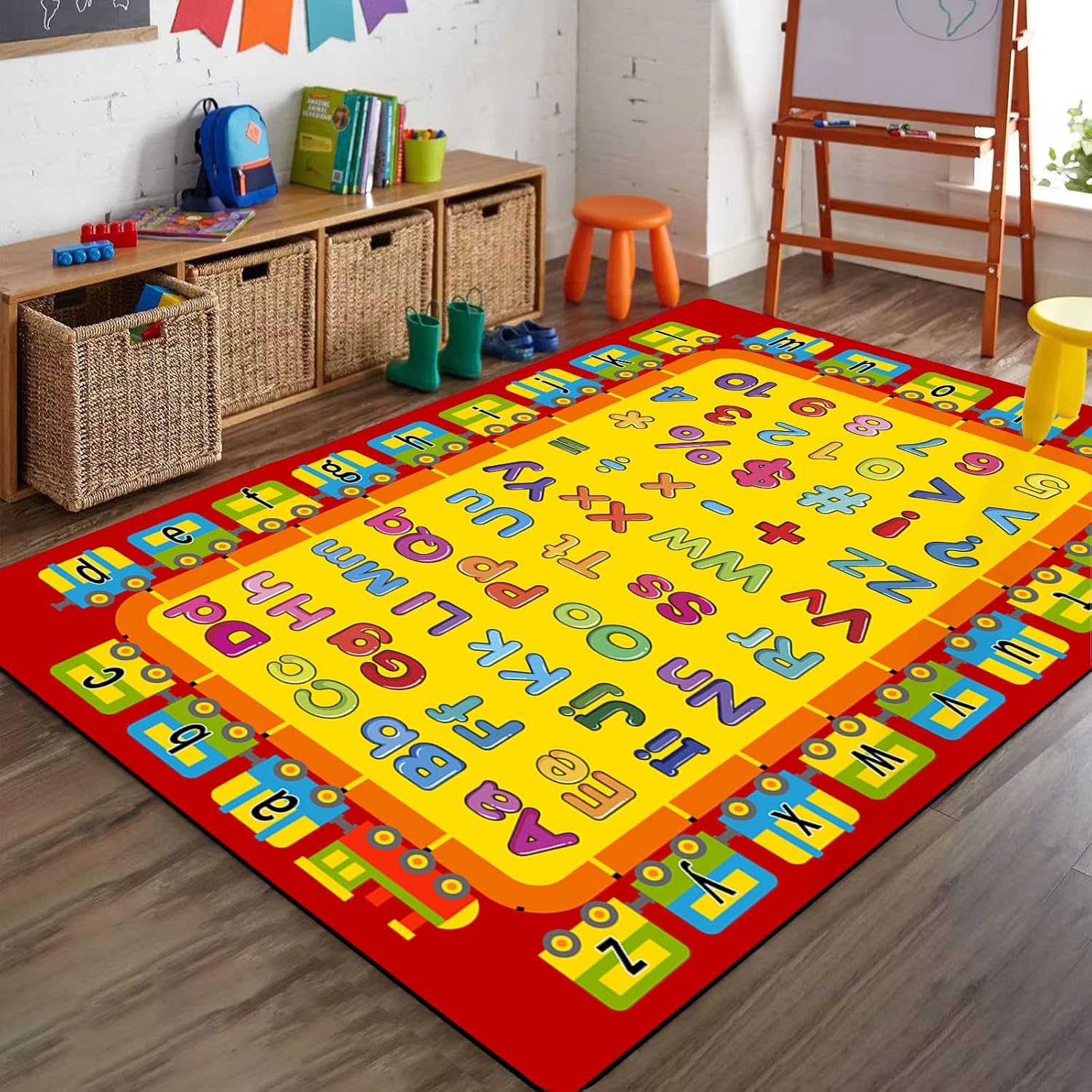 Children's Educational Playing Mat, 6x8ft, Cartoon Train Alphabet Numbers Area Rug for Bedroom, Bright Colors Anti-Skid Kids Rugs, Soft Washable Easy Clean Rugs for Girls Boys Indoor