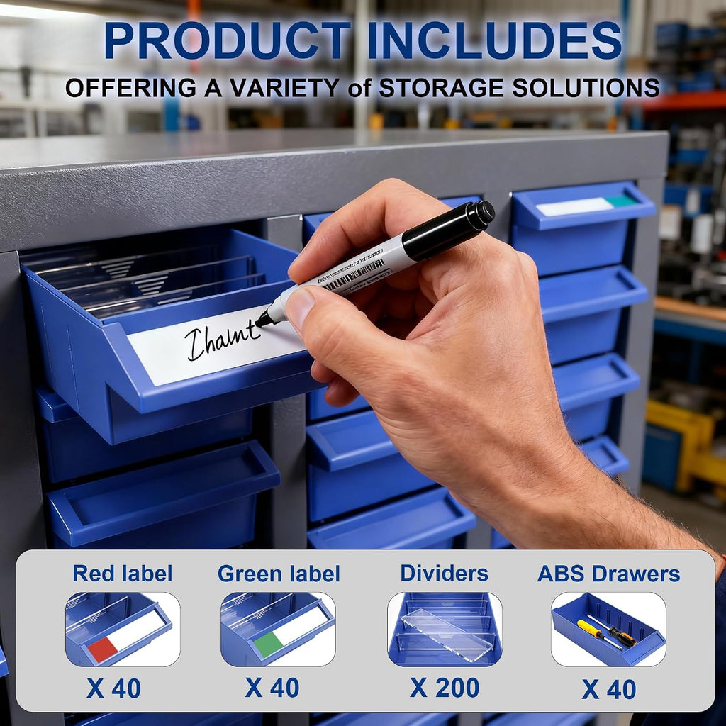 Alloy Steel Nuts and Bolts Organizers and Storage, 8.66' D x 21' W x 24.8' H, ABS Material Drawer Parts Cabinet with Labels and Dividers, Small Parts Organizer for Workshop, Office，Home (40 Drawers)