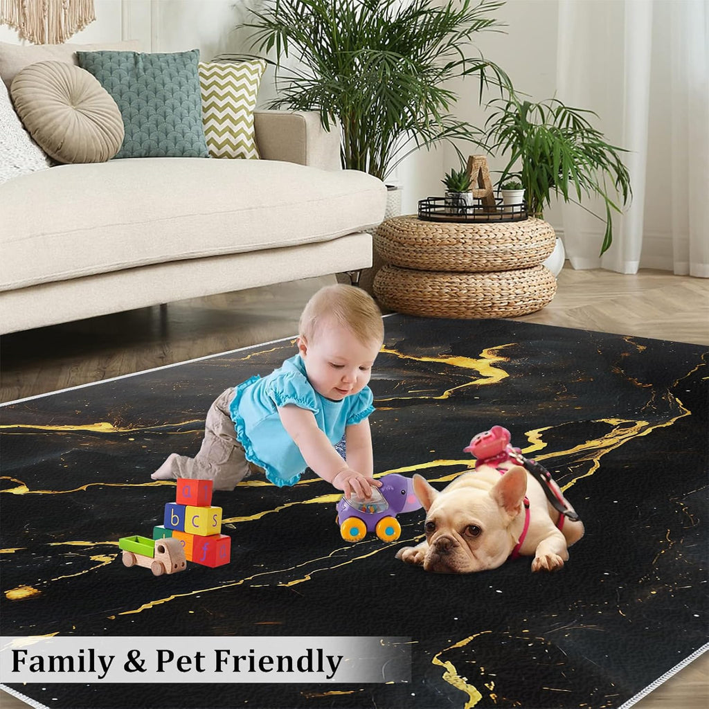 Black Marble Area Rug, Modern Abstract Fashion Gold Rugs for Living Room, Easy Clean Carpet Washable Indoor Non-Slip Rug for Boys and Girls Nursery Bed Living Room Carpets Nursery Decor,6 x 8ft
