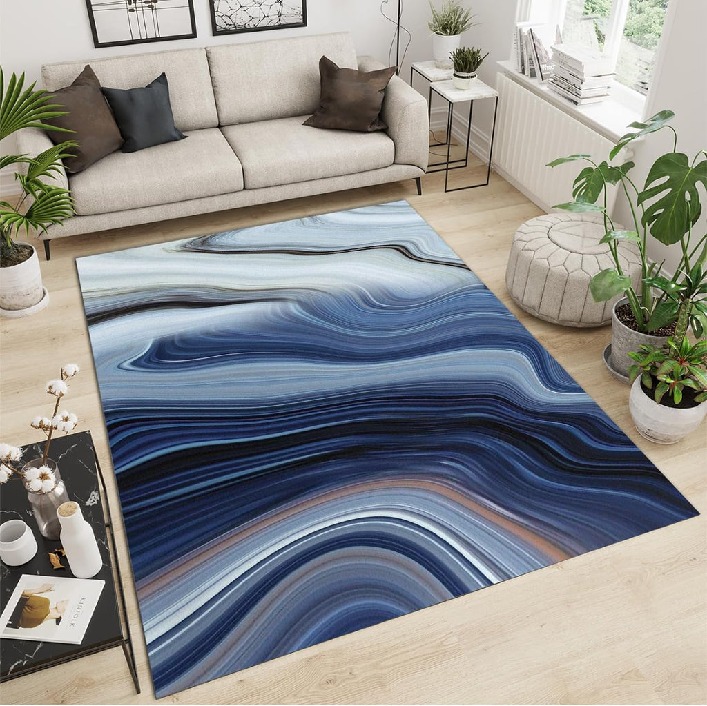 Blue White Black Marble Texture Area Rug, Modern Abstract Gradient Art Large Rugs, Indoor Non-Slip Kids Rugs, Machine Washable Breathable Durable Carpet for Front Entrance Floor Decor,6 x 8ft